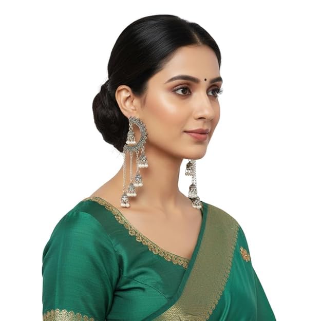 Image of WORLD CRAZE Multicolour long kashmiri jhumka for women chandbali earrings chand baliyan | kashmiri earrings for women | bahubali earrings stylish | Traditional Indian Festive Jewelry | Long Chain Tassels | Pearl Drop Latkan Jewellery (Multi colour)