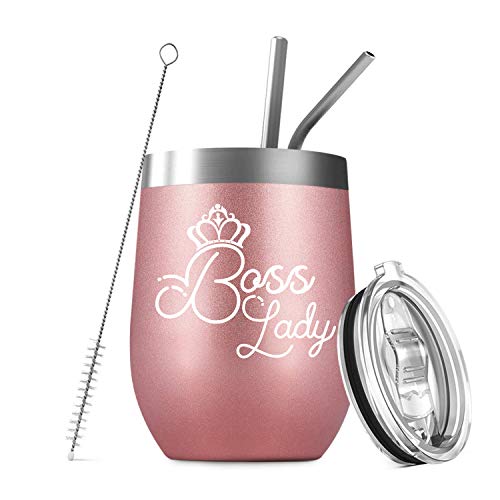 Deitybless Boss Lady- Best Christmas Birthday Gifts for Women Boss Mom Unique Long Distance Friendship Gifts for Her - 12oz Insulated Wine Tumbler with Lid and Straw