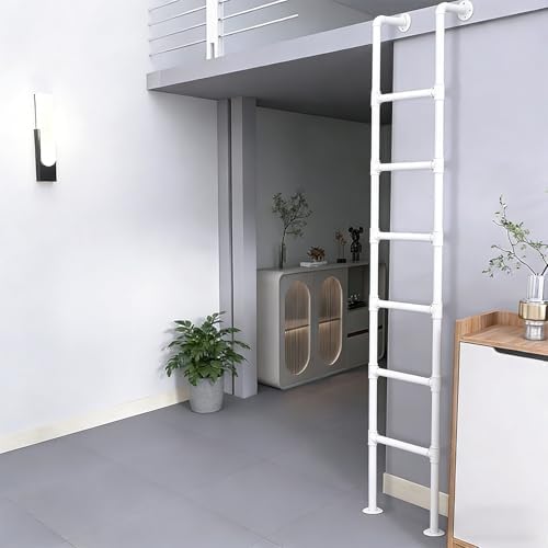 Customizable Metal Ladder for Home Loft - 6ft Floor Standing Egress Ladder for Narrow Basement Window Well & Bunk Bed, White Wrought Iron Design