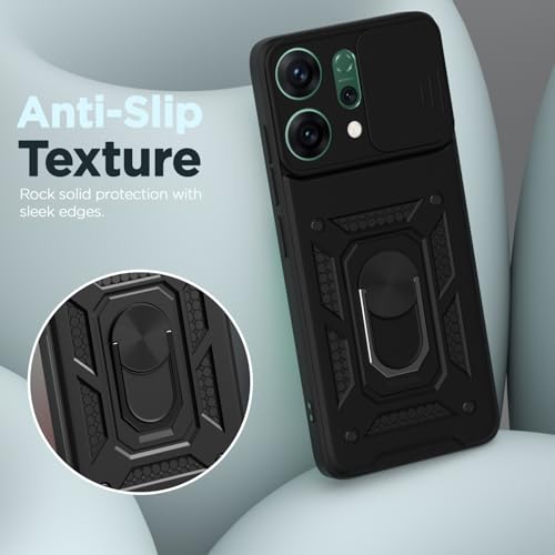 Image of Pikkme Back Cover for Oppo Reno 14 Pro 5G | D10 Tough Armor | 360 Protection Case | Sliding Camera Shield Cover & Ring Holder Stand Bumper Case (Black)