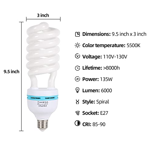 Image of 135W Light Bulb 5500K CFL Daylight Spiral Softbox Bulb in E27 Socket for Photography Photo Video Studio Lighting White 1 Pack