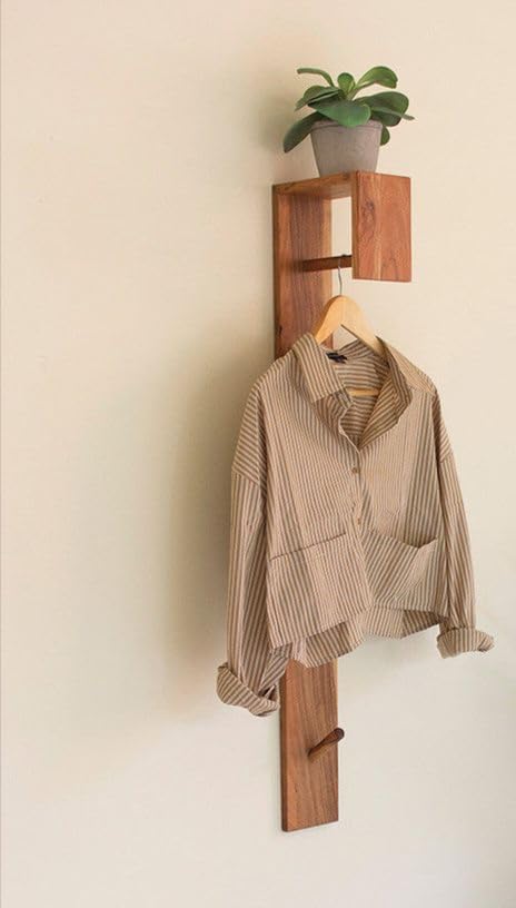 Modern Wall-Mounted Wooden Coat Rack with Plant Shelf, Minimalist Design, Walnut Finish