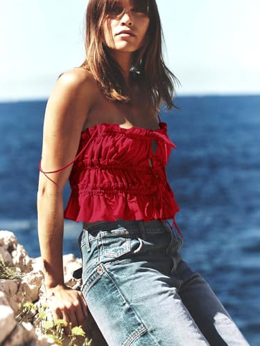 Image of Tankaneo Womens Summer Tie Front Crop Tops Cute Ruffle Ruched Spaghetti Strap Tank Tops Y2K Going Out Shirts