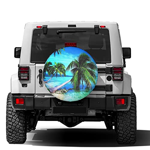Image of Tropical Palms Trees Navy Blue Ocean Beach Spare Tire Cover Dust-Proof Wheel Tire Cover Fit Trailer, RV, SUV and Many Vehicle 16 Inch