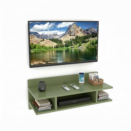 Image of Engineered Wood Set Top Box Stand | Wall Mounted TV Unit Shelf for Router, WiFi, DVD, Gaming Console | Sturdy & Space Saving TV Accessory Organizer (Brown, 50 x 20 x 15 cm) (Olive)