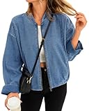 Tankaneo Womens Denim Bomber Jacket Lightweight Zip Up Short Jean Jacket Fall Casual Shacket Outerwear