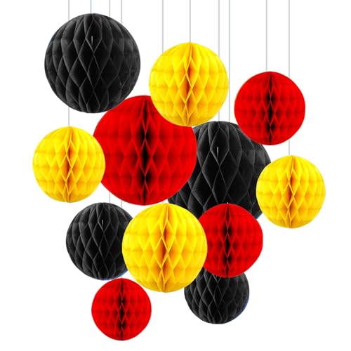 Image of ZOOYOO 12Pcs 6 inch 10 inch Honeycomb Balls Decorations Hanging Tissue Paper Pom Poms for Christmas Xmas Birthday Party Baby Shower Cartoon Decorations(Red Yellow Black)