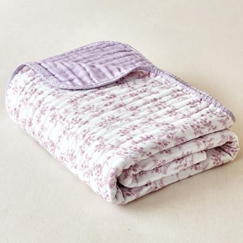 Image of Muslin Throw Blanket 100% Cotton 6-Layer Gauze Floral Pattern Cooling Blanket Lightweight Soft Breathable Quilt for All Season Both Sides for Sofa Bed (Floral Purple-a, Throw 50 inchx60 inch)