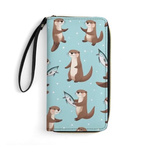 Girl's Long PU Wallet, Travel Purse Fashion Design, Huge Storage Capacity Purse, Cute Decor Zipper Wallet With Rope Cute Otter Fish Pattern