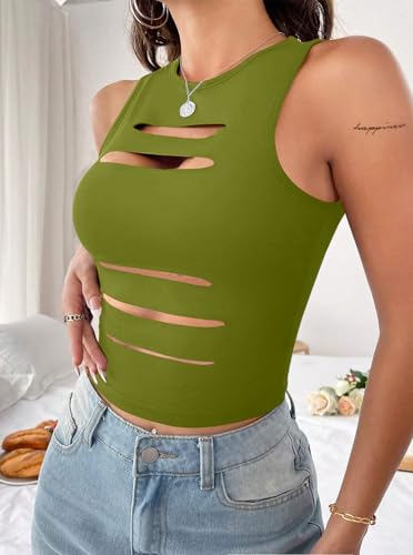 Image of LovelyWholesale Women Sexy Cut Out Crop Tank Tops Crew Neck Summer Sleeveless Top