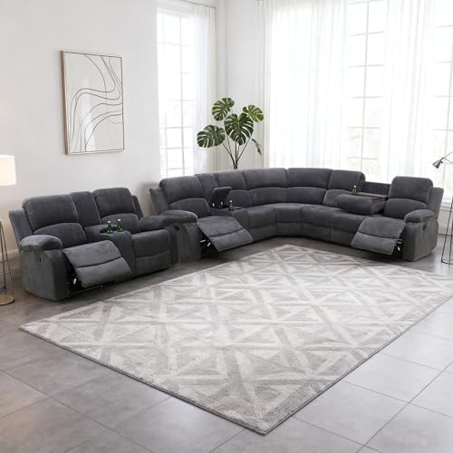 Manual Recliner Sectional Sofa Set for Reclining Living Room Furniture Sets, L-Shaped Reclining Couch, Corduroy Sofa with Cup Holders/Storage for Homes/Office(Dark Grey, Sectional+Loveseat)