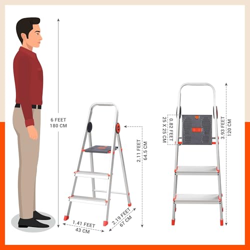 Image of Bathla Advance Pro 3-Step Foldable Aluminium Ladder for Home | Heavy-Duty & Anti-Slip Steps with Sure-Hinge Technology | 7-Year Manufacturer Warranty | Orange