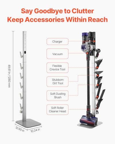 Image of VEVOR Vacuum Stand, Compatible with Dyson G5 V15 V12 V11 V10 V8 V7 V6 Series Upright Vacuums Cleaners & Accessories, Stable Vacuum Stand Holder with 6 Hooks and Non-slip Footpads, Gray