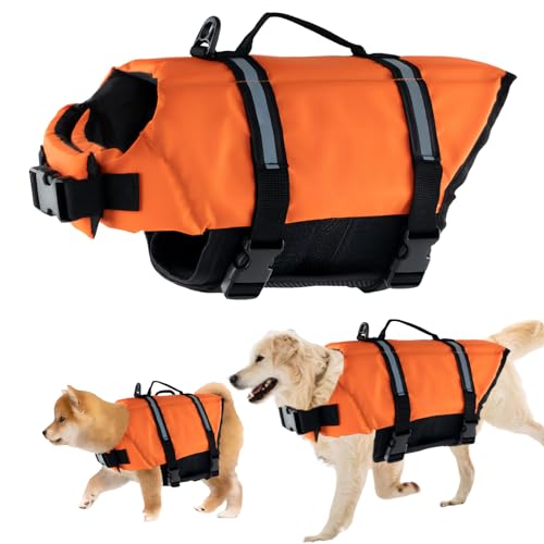 Schwimmweste Hund, FainFun Schwimmweste Hund Orange, für Klein und Groß Hunde Ripstop und Reflektierende, Verstellbare Größe mit Starkem Auftrieb und Schwimmen Rettungsgriff (Orange, XS)