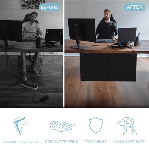 Image of Under Desk Privacy Panel and Cable Management, 24 inch Felt Modesty Panel Kit | No Drill Felt Desk Skirt, Preathable Pesh Cord Organizer, 2-in-1 Design, Hides Cables & Power Strips, Clamp-on Mount
