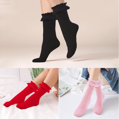 Image of Women Lace Ruffle Socks White Black Frilly Lolita Crew Dress Socks