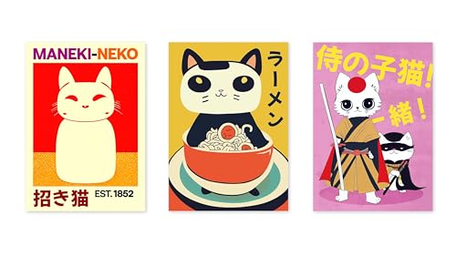 Anime Cats Poster Set, Vintage Woodblock Anime Poster Set, Japanese Wall Art, A5 (Print Only) - 21x14.8cm