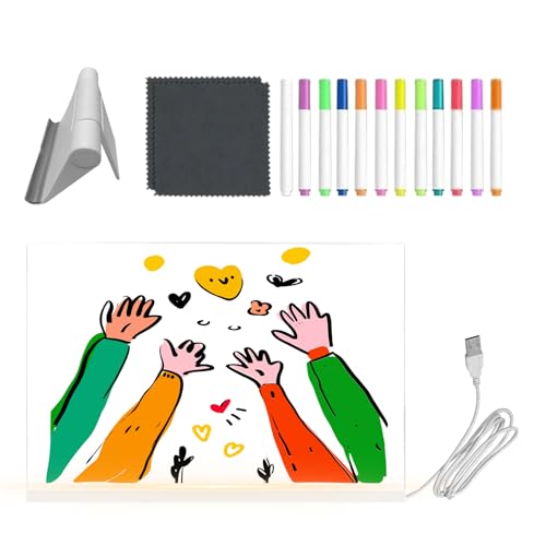 Pizarra de escritura LED, pizarra blanca acrílica transparente, pizarra LED de borrado en con bolígrafos de 12 colores y soporte plegable, para jóvenes, niñas, cumpleaños, dibujos, aulas, viajes