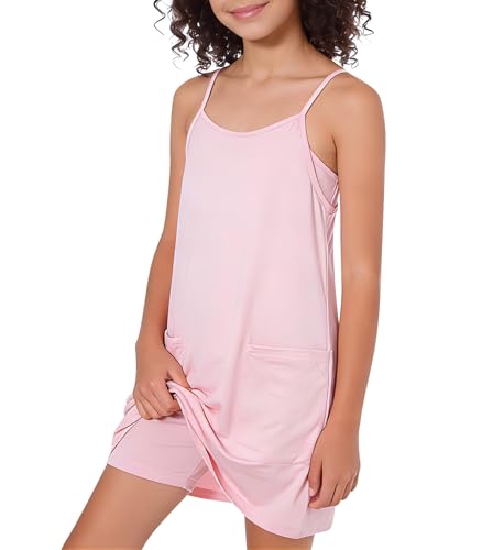 Lindanina Girls Dress with Shorts Casual Spaghetti Straps One Piece Romper Dresses with Pockets 11-12 Years Pink
