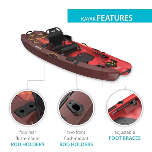 Lifetime Manta Angler Kayak 10', Stand-Up Fishing Kayak, 6 Rod Holders, Adjustable Seat, Red