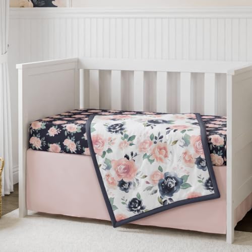Image of Hahafelt 3 Pcs Pink Floral Baby Crib Bedding Set Navy Blue Elegant Botanical Decor for Infant Bed with Flowers Print Includes Quilt, Fitted Sheet, Skirt for Baby Girl Gifts