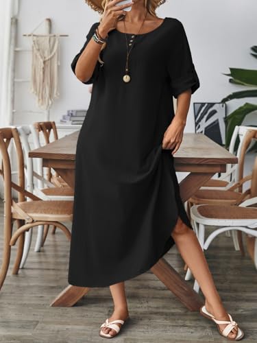 Image of Celmia Autumn Solid Loose Long Maxi Dress Cotton Caftan