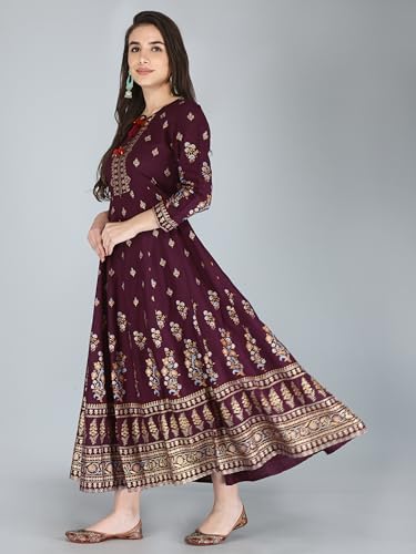 Image of Aj Art Anarkali Kurti for Women and Girls Floral Golden Print Regular Slim Fit Rayon Blue (Set of 1)