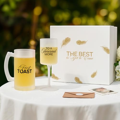 Image of AW BRIDAL Wedding Gifts for Couples 2026, Engagement Gift for Him and Her, Frosted Glass Champagne Flute and Beer Mug Set, Bridal Shower Present, Bride and Groom Toasting Glasses for Anniversary