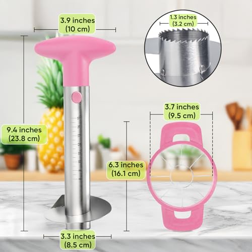 OOKUU Pineapple Corer, Stainless Steel Pineapple Peeler Slicer with Reinforced Thicker Blade, Measure Marked Core Remover, Pink