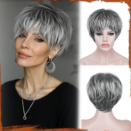 Sofeiyan Perruque Courte Coupe Pixie,23 cm Gris Perruques pour Femmes Naturel Synthétiques avec Frange,Usage Quotidien et aux Soirées Fête