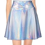 Damen Metallisch Skater Rock Glänzend Disco Rock Alien Cosplay für Halloween Kostüm Rave Tanzparty (Laser Silber, XL)