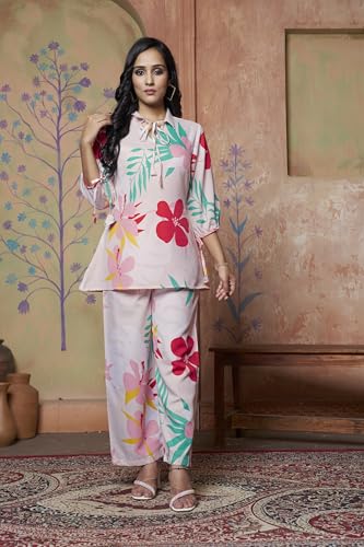 Image of DHRUVI TRENDZ Co Ord Set for Women Stylish | Ethnic Short Kurti for Women | Stylish Summer Printed Kurta Sets for Woman | A-Line Dress for Woman | 3 /4 Sleeve Top with Relaxed Fit Pant