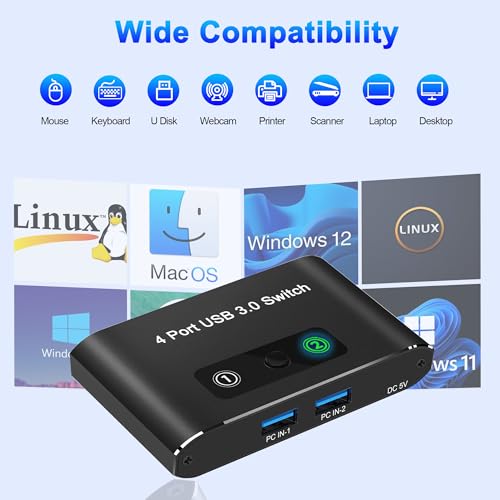 Image of USB Switch, USB Switcher 2 Computers, USB 3.0 Switch Sharing 4 USB Devices KVM Switcher Box for PC, Printer, Scanner, Mouse, Keyboard with 2 Pack USB Cable, Compatible with Mac /Windows /Linux