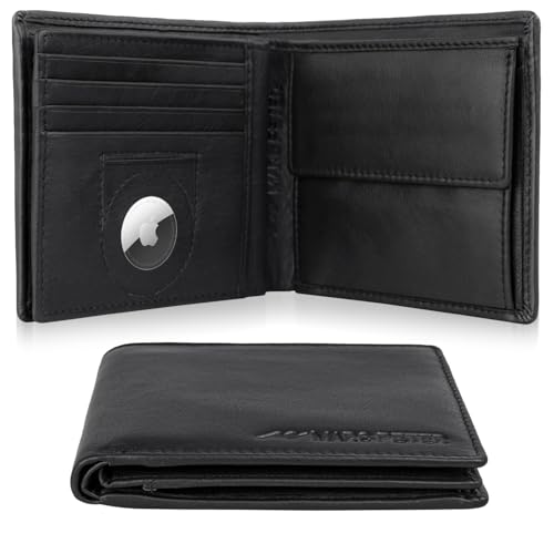 Marc Peter® Hanover - Cartera de piel auténtica para hombre con protección RFID, 10 compartimentos, Nappa negra con compartimento Airtag, MIT AIRTAG-FACH, Clásico