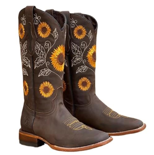 Cowboy Boots for Women - Embroidery Sunflower Mid Calf Cowgirl Pull-On Pointy Toe Lightweight Breathable Leather Retro Comfort Wear Non Slip Heel with Arch Support