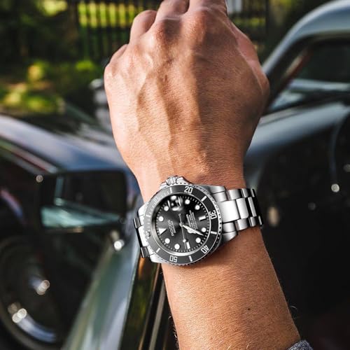 Image of ROCOSJEWE Men Analogue Silver Band Automatic Mechanical Watch Black /Green Dial Ceramic Bezel Waterproof Wristwatch Luminous Calendar Display Stainless Steel Adjustable Strap Gifts R0158Green