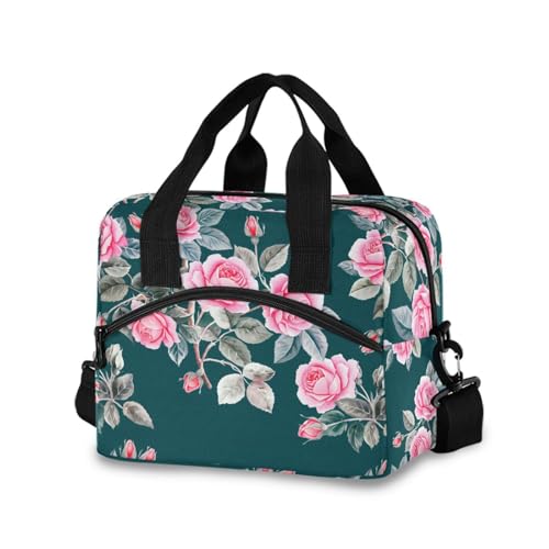 Sinestour Insulated Lunch Bag Reusable Cooler Pink Rose Branch Lunch Box Adjustable Shoulder Strap for School Office Picnic