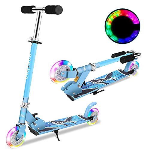 Caroma Scooter para niños de 3 a 8 años con 2 Ruedas de Poliuretano iluminadas, 3 Scooters de Altura Ajustable para niños, 2 Ruedas para niñas y niños, Capacidad de Peso de 50Kg (Azul con Ruedas led)