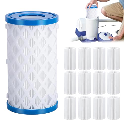 Yudlto 12-Pack Universal Replacement Pool Filter Cartridges, Type A/C/III for Select Above Ground Pool Pumps, Reusable Outer Shell with Replaceable Inner Filters, Clean Water Filtration