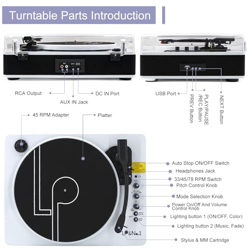 Image of LP&No.1 Record Player with Built-in Stereo Speakers, LED Control, 3-Speed Belt-Drive Vinyl Turntable with USB Playback & Recording, Wireless BT Input & Output, Auto Stop, Pitch Control | White Pearl