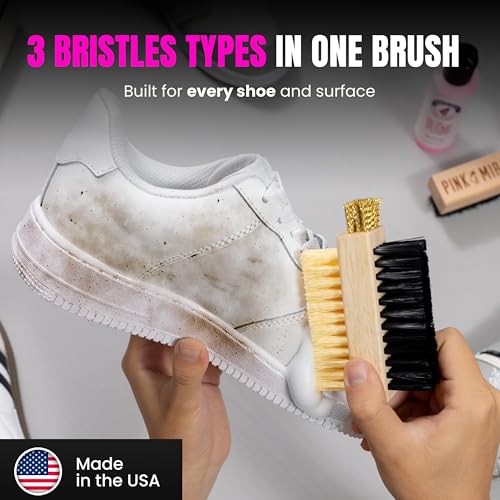 Pink Miracle Multi Purpose Shoe Cleaning Brush - with Strong, Medium and Soft Bristles for All Fabric Types