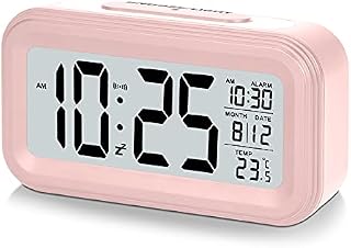U-picks Alarm Clock 4.3" LED Display , Digital Alarm Clock with battery powered, Snooze, Easy to Use ,Temperature Calendar , 12/24 Hr, Light control Portable Alarm clocks bedside for adults kids-Pink