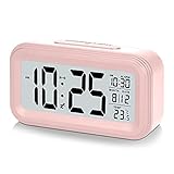 U-picks Smart Digitaler Wecker, 4.3'' LCD Display Tischuhr mit Snooze ,Datum, Temperatur, 12/24Hr, Batteriebetrieben, Lichtsteuerung Intelligenter Wecker für Kinder und Erwachsene Schlafzimmer -Rosa