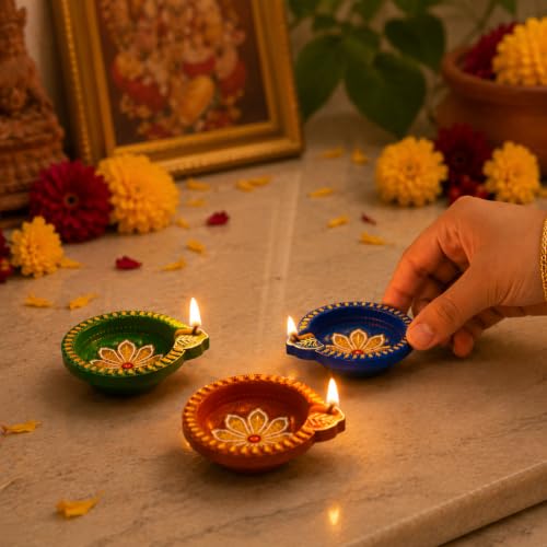 Image of Pure Source India Decorative Terracotta Handmade Design Diya Suitable for Diwali, Festive Occasion, Pooja /Mandir /Temple (3 X 3.5 X 1 INCH) (Multicolour) (4 PCS)