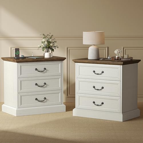 Huuger Nightstand with Charging Station, 3 Drawer Night Stand Set...