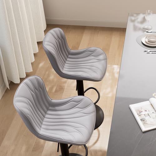 Image of Bar Stools Set of 2 Modern Kitchen Counter Chairs Swivel Barstools Grey | Faux leather upholstered island chairs with backs & metal base. Adjustable Height, easy to clean & load 300 lbs