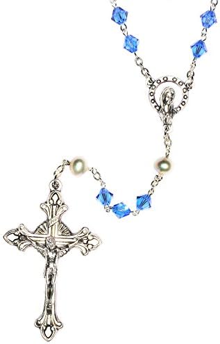 Catholic Prayer Rosary made with Austrian Crystal or Glass - Includes Rosary Pouch, How to Pray the Rosary" pamphlet and Birth month meaning when applicable (Sapphire-September-Silver)