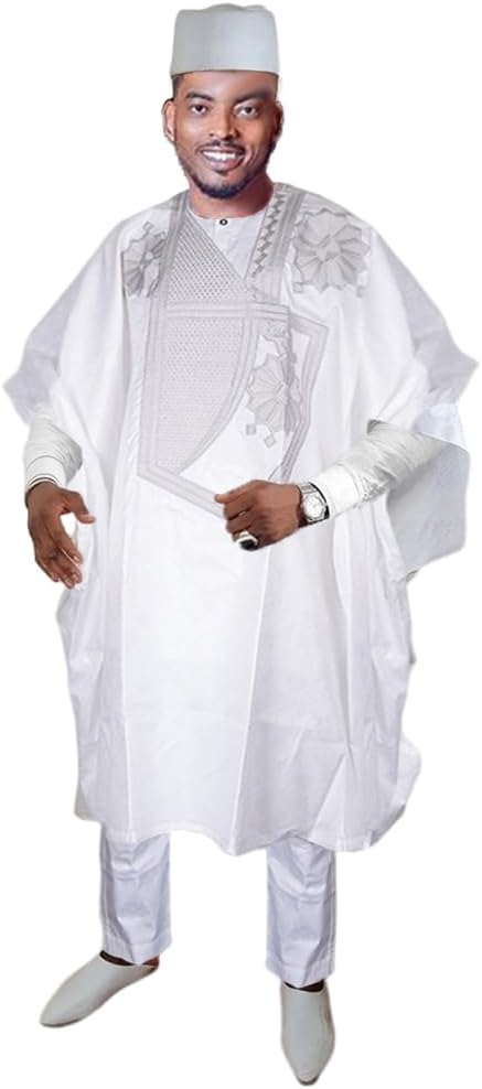HD African Bazin Couple Clothes Traditional Embroidery Agbada Boubou Caftan Set for Man