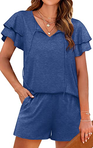 Image of WIHOLL Summer Outfits for Women 2 Piece Short Sleeve V Neck Lounge Sets Casual