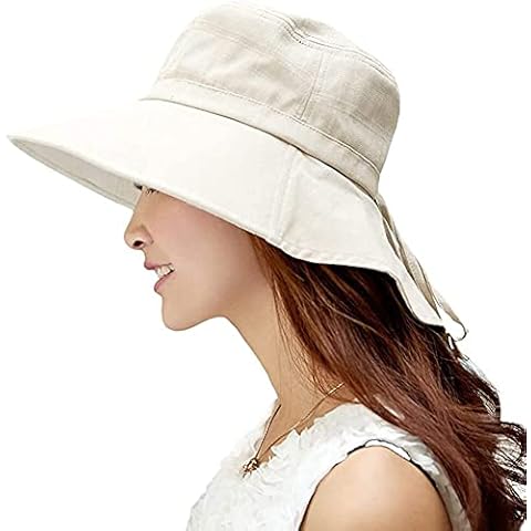 Packable Summer Flap Cover Cap Cotton UPF 50+ Sun Shade Hat with Neck Cord Wide Brim for Women Beige Medium 56-57cm Cover
